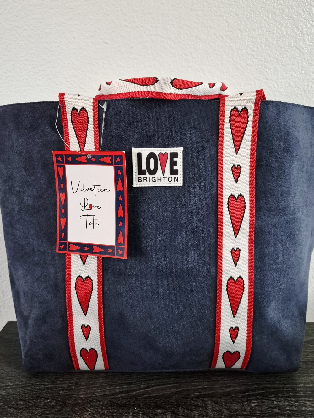NEW Brighton Navy Velveteen Tote with Red Heart Straps